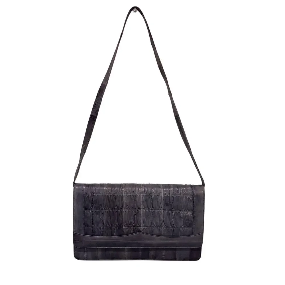 Vintage Genuine Eel Skin Ruched Envelope Clutch Handbag Gray Convertible Strap - Picture 6 of 10